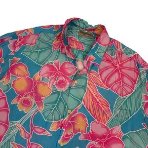 Kenny Flowers Tropical Floral Shirt Mens XXL Teal Pink Rayon Limited Edition